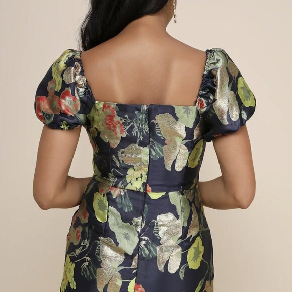 NWT Lulus So Stunning Navy Blue Floral Jacquard Puff Sleeve Mini Dress​ - Picture 16 of 16